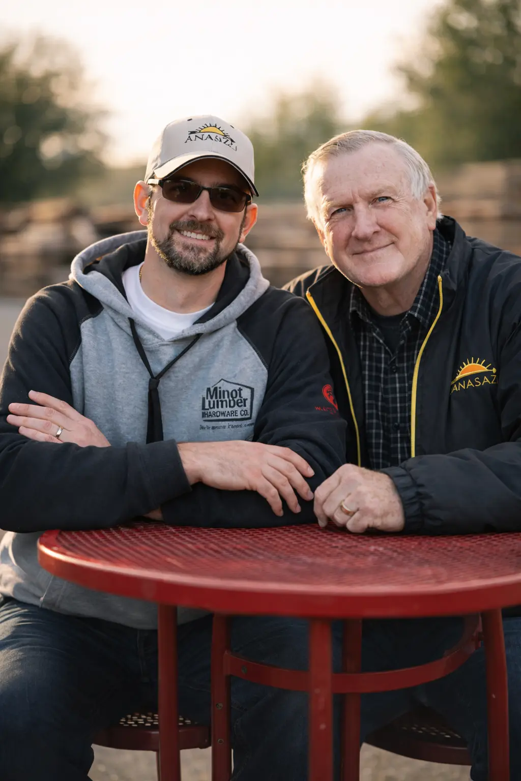 Owners of Anasazi Builders sitting together outdoors at a red table, smiling at the camera in Tri-Cities, Washington.