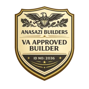 Gold and black shield badge for Anasazi Builders, featuring an eagle with a hammer, acorns, and the text 'VA Approved Builder ID No: 2036'.