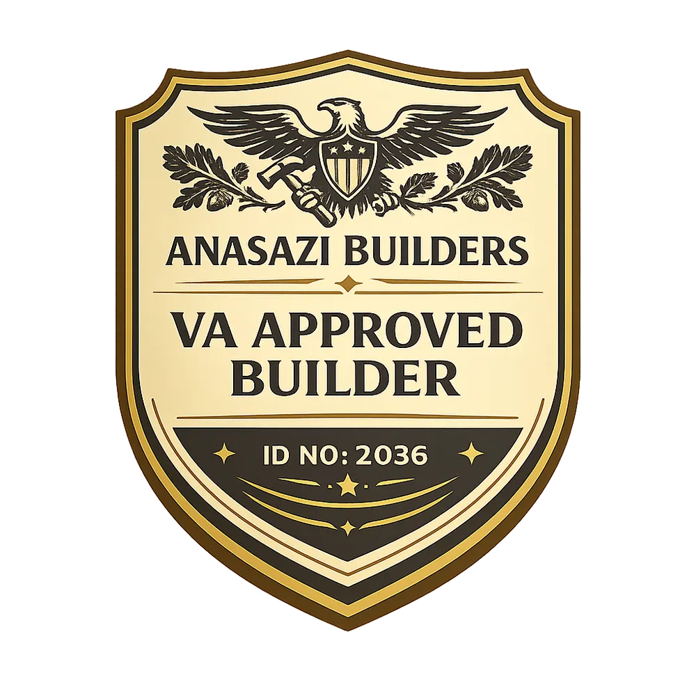 Gold and black shield badge for Anasazi Builders, featuring an eagle with a hammer, acorns, and the text 'VA Approved Builder ID No: 2036'.