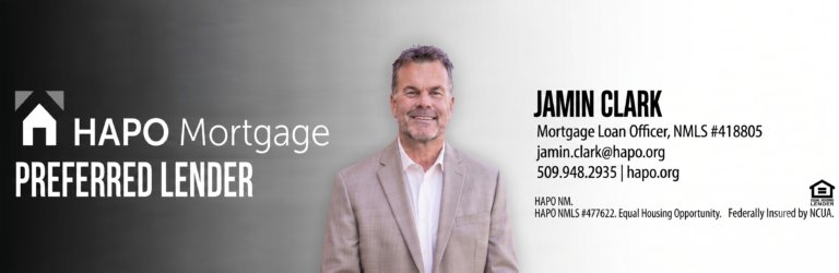 A professional banner for HAPO Mortgage featuring Mortgage Loan Officer Jamin Clark in a tan suit, against a gradient grey and white background with company logo and contact details.