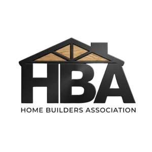 Modern logo of the Home Builders Association featuring the acronym HBA in textured black letters integrated into a house roof design with wooden accents on a white background.