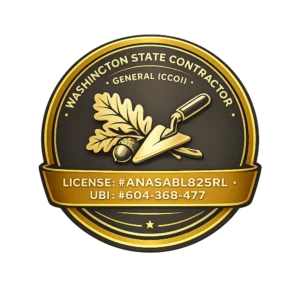 Gold and black circular emblem for a Washington State Contractor, featuring a golden trowel, oak leaf, and acorn. Text includes "Washington State Contractor General (CCO1)", "License: #ANASABL825RL", and "UBI: #604-368-477".