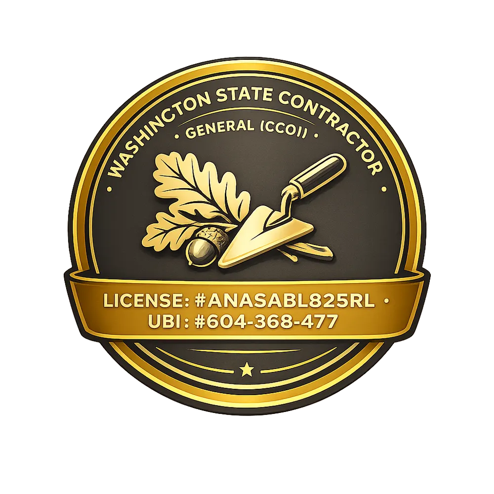 Gold and black circular emblem for a Washington State Contractor, featuring a golden trowel, oak leaf, and acorn. Text includes "Washington State Contractor General (CCO1)", "License: #ANASABL825RL", and "UBI: #604-368-477".