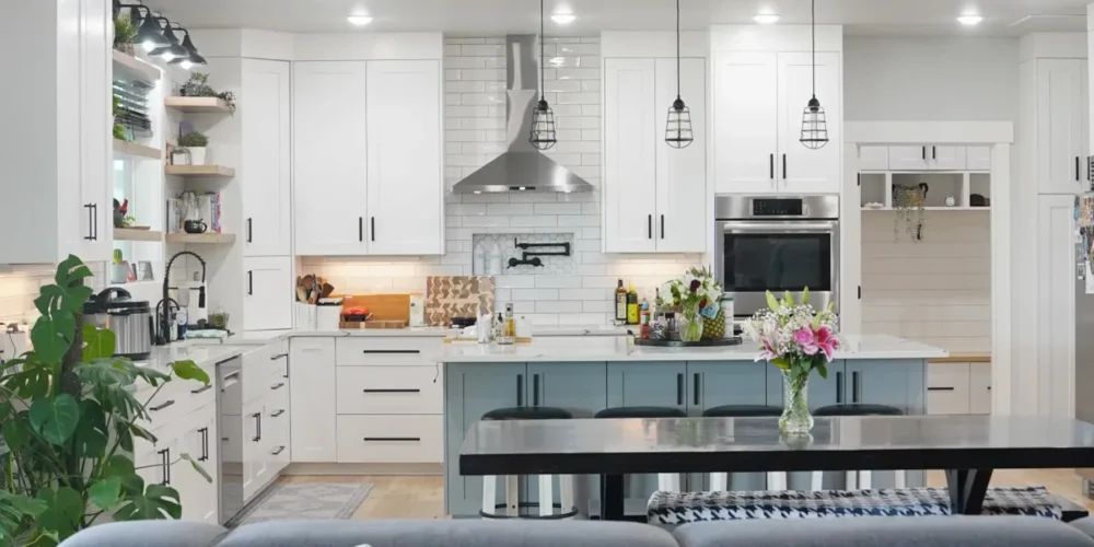 Completed open-concept kitchen and living space built by Anasazi Builders in the Tri-Cities