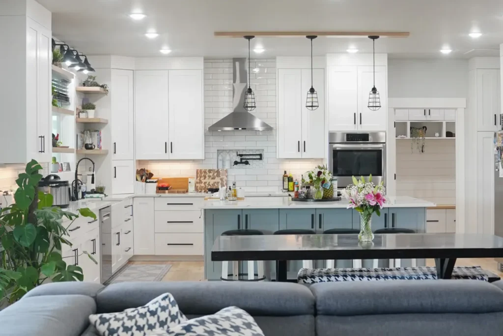 Completed open-concept kitchen and living space built by Anasazi Builders in the Tri-Cities
